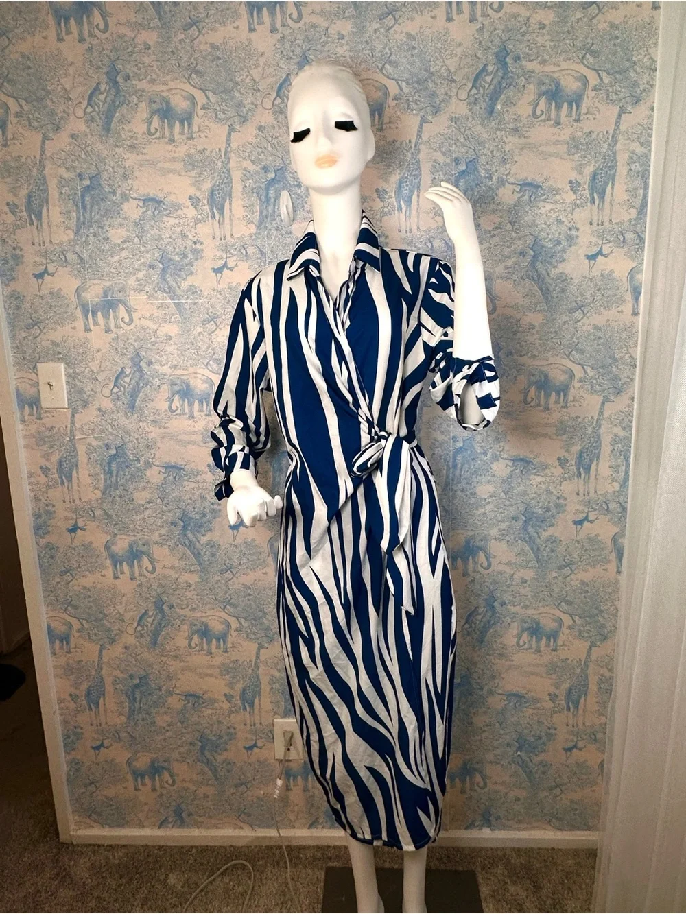 Striped Blue and White Wrap Midi Dress with Tie Waist